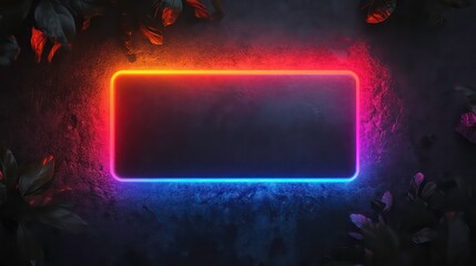 Wall Mural - Neon frame on dark stone with leaves. Background empty space for product. Possible use advertising, promotion