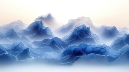 Poster - Dreamlike blue misty mountain range landscape.