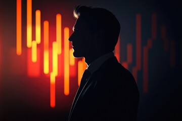 Wall Mural - Silhouette of a man in suit against a backdrop of dynamic orange vertical lines, possibly representing a financial chart.