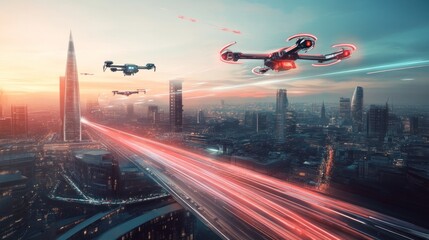 Aufkleber - Drones flying over a futuristic city at sunset.