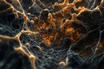 Intricate web-like structure with glowing orange accents, resembling a microscopic view or abstract art.