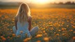 © kinkin - Woman meditates in sunset flower field; serene nature scene, wellness imagery