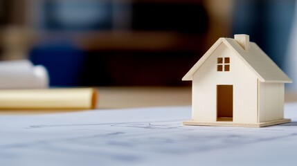 A wooden model house placed on architectural blueprints with a blurred background workspace