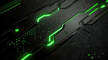 Wall Mural - a sleek green metallic panel with glowing lights, set against a textured black background, ideal for