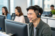 © DigitalDreamScapes - Smiling customer service representative modern office, providing technical support with headset, showcasing teamwork and