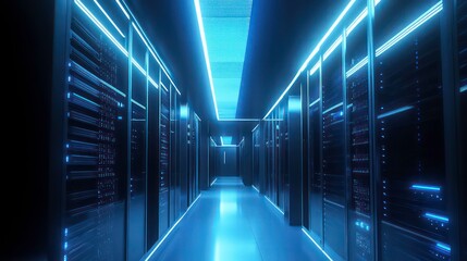 Wall Mural - a sleek, modern server room lined with tall racks filled with servers, illuminated by blue lights an