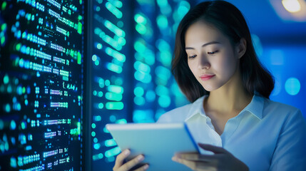 Wall Mural - asian woman coding in a server room securing a network on a tablet