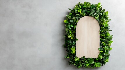 Poster - Eco-Luxe Botanical Frame Minimalist Wooden Sign Embraced by Living Green Wall - Sustainable Design Inspiration for Modern Workspace Branding and Wellness Aesthetics