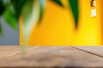 Aufkleber - Minimalist Workspace Illumination Vibrant Yellow Background with Rustic Wooden Table - Modern Productivity Design for Creative Professionals and Digital Entrepreneurs