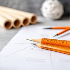 Fototapete - Agile Design Engineering Minimalist Blueprint Workflow with Precision Tools - Next-Gen Project Management and Sustainable Architectural Innovation