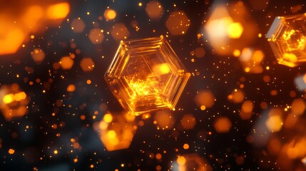 Abstract Orange Hexagonal Crystals Glowing in Dark Background