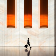 Aufkleber - Minimalist Urban Mobility Sleek Professional Navigating Architectural Space with Dynamic Orange Design - Conceptual Business Movement and Contemporary Workplace Aesthetic