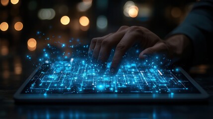 Digital Innovation: A Hand Interacting with a Futuristic Tablet Interface