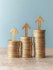 Poster - Exponential Growth Visualization Golden Coin Stacks with Ascending Arrows - Minimalist Financial Strategy for Investment Empowerment and Wealth Optimization