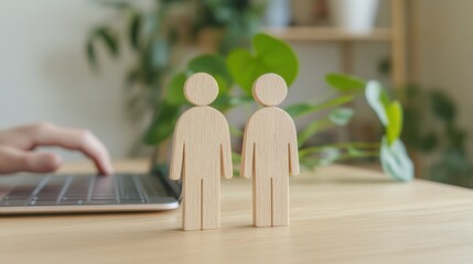 Fototapete - Minimalist Remote Work Harmony Wooden Figurines Symbolizing Digital Collaboration and Ecosystem Connectivity in Modern Freelance Workspace
