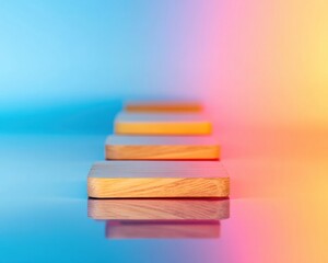 Poster - Gradient Ascent Minimalist Wooden Growth Blocks Visualizing Strategic Business Evolution in Vibrant Gradient Workspace Design