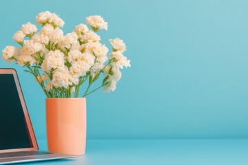 Fototapete - Pastel Productivity Minimalist Workspace Design with Soft Peach Floral Arrangement and Laptop - Contemporary Home Office Aesthetic for Creative Professionals