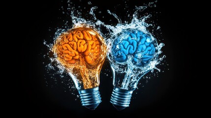 Wall Mural - a vibrant light bulb bursting with blue and orange brain halves and splashes of water, showcasing cr