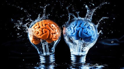 Wall Mural - a vibrant light bulb bursting with blue and orange brain halves and splashes of water, showcasing cr