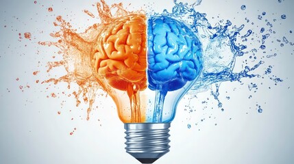 Wall Mural - a vibrant light bulb bursting with blue and orange brain halves and splashes of water, showcasing cr