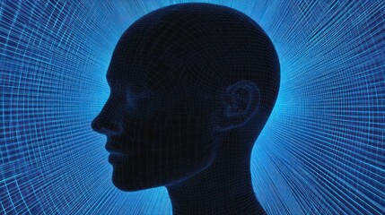 Wall Mural - background with silhouette of human head with digital schematic on blue background