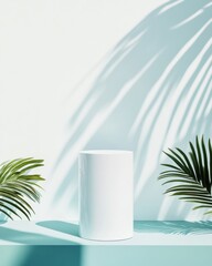Aufkleber - Minimalist Azure Product Showcase Sleek Ceramic Cylinder with Biophilic Palm Shadows - Next-Gen Branding and Wellness Design Aesthetic