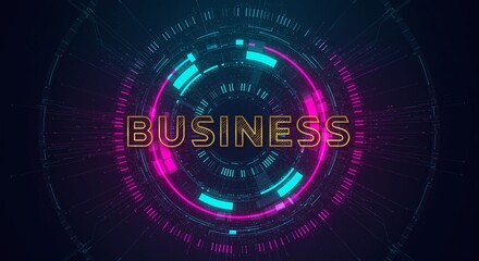 Technological Business Hub: A futuristic digital interface with the word 