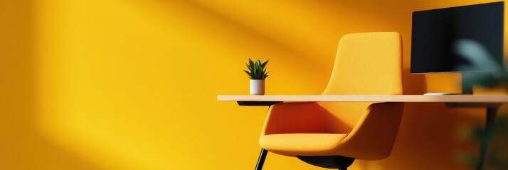 Poster - Vibrant Minimalist Workspace Modern Ergonomic Design with Bold Yellow Accent Wall, Contemporary Furniture for Enhanced Productivity and Creative Professionals