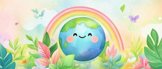 cute earth illustration with rainbow and floral elements in pastel colors concept of environmental a