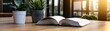 © Zavbbk_ - An open book rests on wooden table, surrounded by potted plants, creating serene and inviting atmosphere. warm sunlight filters through windows, enhancing cozy environment perfect for reading