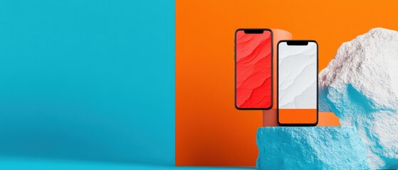 Leinwandbilder - Minimalist Digital Health Tracking Sleek Smartphone Interface Visualization on Vibrant Color-Block Background - Innovative Wellness Technology Meets Modern Design Aesthetics