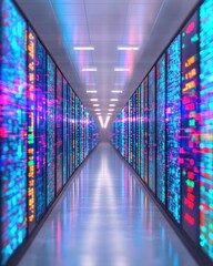 Fototapete - Cybernetic Data Symphony Immersive Neon Server Room Visualization - Future-Forward Digital Infrastructure with High-Performance Analytics Aesthetic