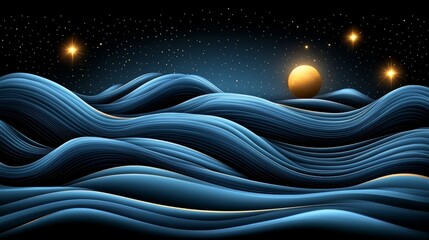 Poster - Beautiful night sky with a large yellow sun in the middle. The sky is filled with stars and the ocean is calm