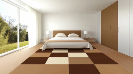 Poster - Bedroom with a brown and white checkered rug and a white bed. The room has a modern and clean look