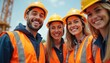 © Pete - Smiling construction workers wearing safety helmets, vests. Positive team engineers, architects, builders on construction site. Group industry professionals, colleagues. Workforce diversity,