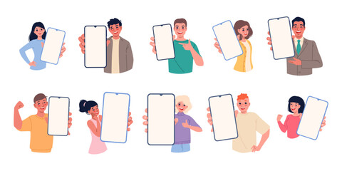 People showing mobile phones. Smiling characters holding smartphones, large big screens of devices, digital communication, empty screen cartoon flat style isolated vector classy set