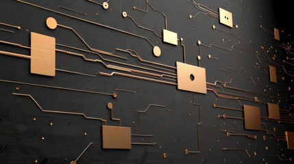 Poster - Black background with gold colored wires and squares. The squares are labeled with numbers and letters. Concept of complexity and organization, as the various shapes