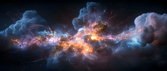 cosmic nebula explosion: a vibrant display of blue, orange, and purple energy in space