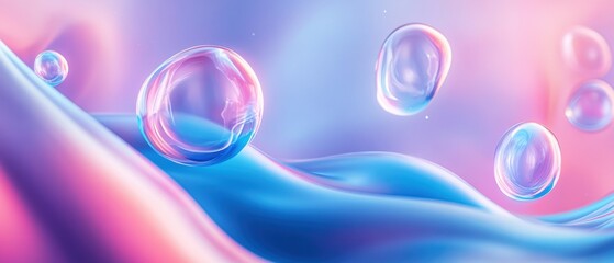 Wall Mural - abstract iridescent fluid wave with transparent spheres, showcasing holographic gradient background 