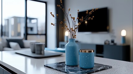 Aufkleber - Blue vase with flowers sits on a marble countertop in a living room. The vase is surrounded by other decorative items, including a bowl and a cup. Scene is calm and inviting