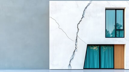 Fototapete - Building with a large crack in the wall and a window with blue curtains. The building appears to be in a state of disrepair