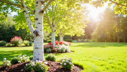 Sunlit birch tree surrounded by colorful flowers in a lush garden