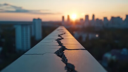 Fototapete - City skyline with a large crack in the ground. The sun is setting in the background. Scene is one of destruction and chaos
