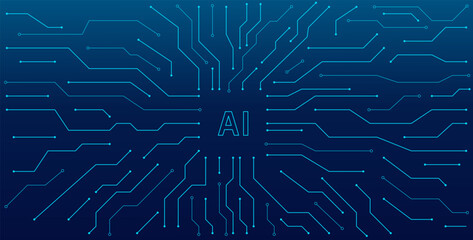 Abstract low-poly technology background. An AI circuit board with electronic elements in electric blue on a tech background. An AI chip or semiconductor connected by lines