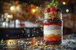 © whitestorm - A beautifully layered chia seed pudding parfait in a glass jar, with fresh raspberries, blackberries and granola topping, sprinkled with oat flakes over the table, for a healthy breakfast.