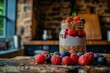 © whitestorm - A delicious chia seed pudding parfait with granola and fresh raspberries and blueberries, arranged in a glass jar on a rustic wooden table in a charming kitchen setting.