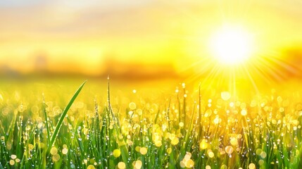 Poster - Field of grass with a bright sun shining on it. The sun is the main focus of the image, and it creates a warm and inviting atmosphere. The grass is lush and green