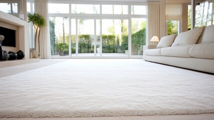 Poster - Large white carpeted room with a fireplace and a large window. The room is empty and has a clean, minimalist look