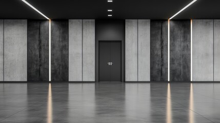 Poster - Large, empty room with a black door and a white sign on the door. The room is bare and empty, with no furniture or decorations