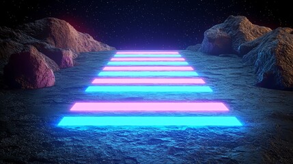 Aufkleber - Neon light strip is on the ground in front of a rocky hill. The strip is blue and pink